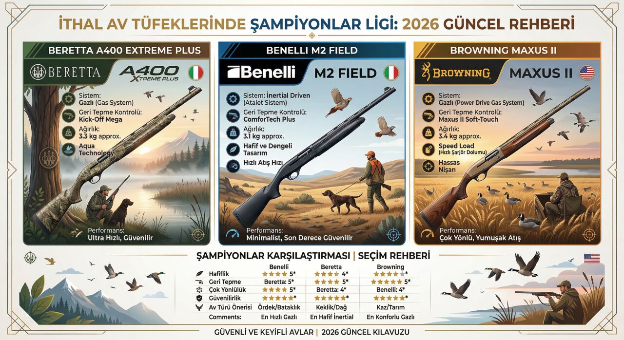 İthal Av Tüfeklerinde Şampiyonlar Ligi: Beretta A400, Benelli M2 ve Browning Maxus (2026)