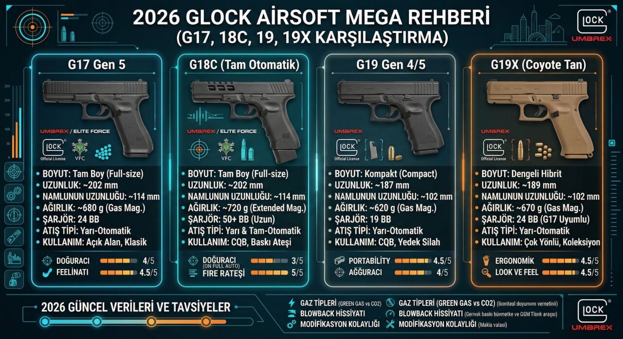 2026 Glock Airsoft Mega Rehberi (G17, 18C, 19, 19X Karşılaştırma)