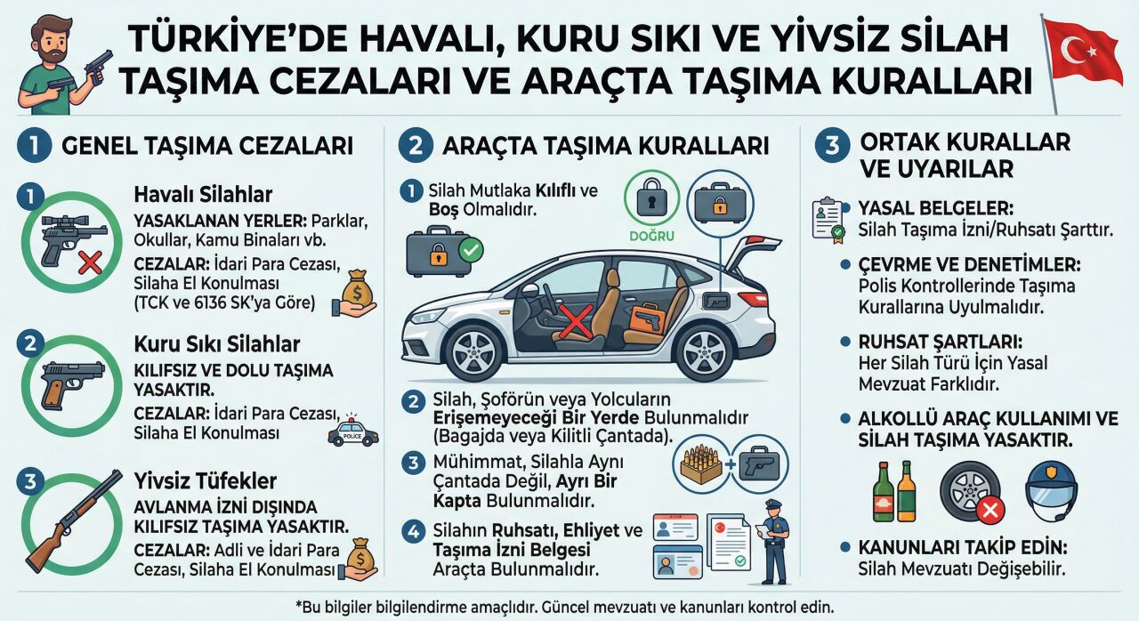Havalı, Kuru Sıkı ve Yivsiz Silah Taşıma Cezaları ile Araçta Taşıma Kuralları
