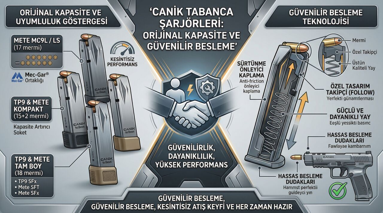 Canik Tabanca Şarjörleri: Orijinal Kapasite ve Güvenilir Besleme
