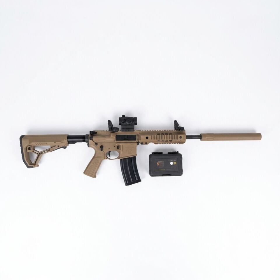 Husan Arms M71 Tan Combo Set - beyaz zeminde R5 red dot takılı yandan görünüm