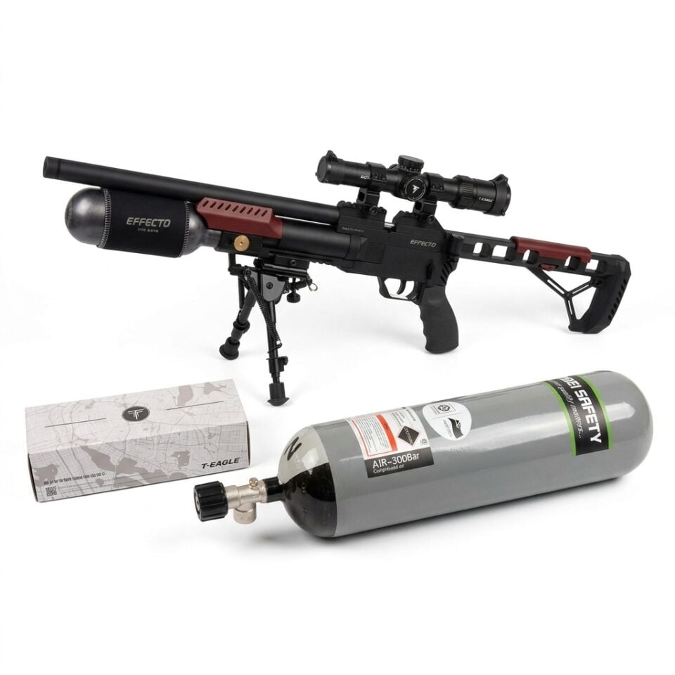 Huğlu Effecto Spark CR 350 Combo Set - dürbün ve çatal ayak takılı PCP tüfek, önünde 6 litre scuba tüp ve dürbün kutusu
