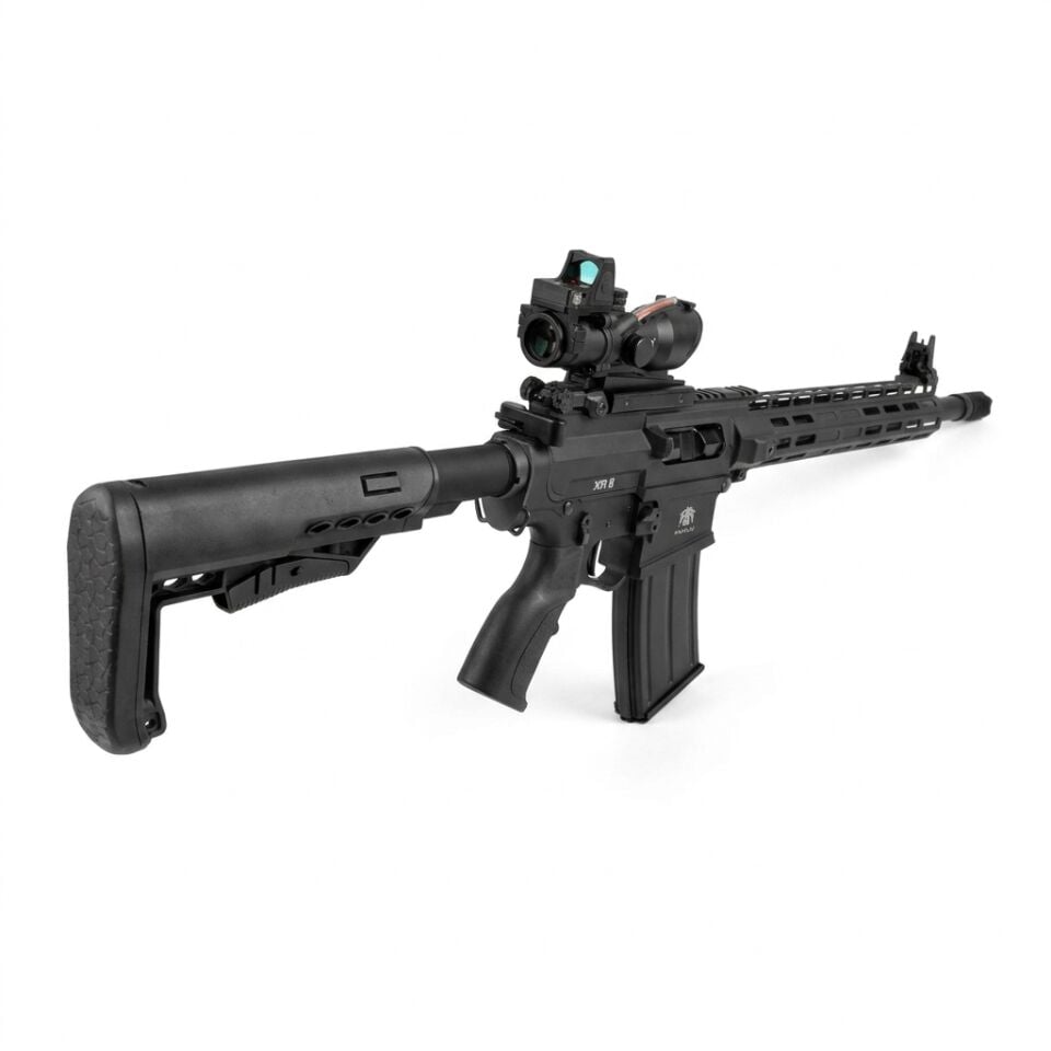Huğlu XR8 Black Combo Set - ACOG 4x32 ve RMR takılı dipçik tarafından açılı görünüm