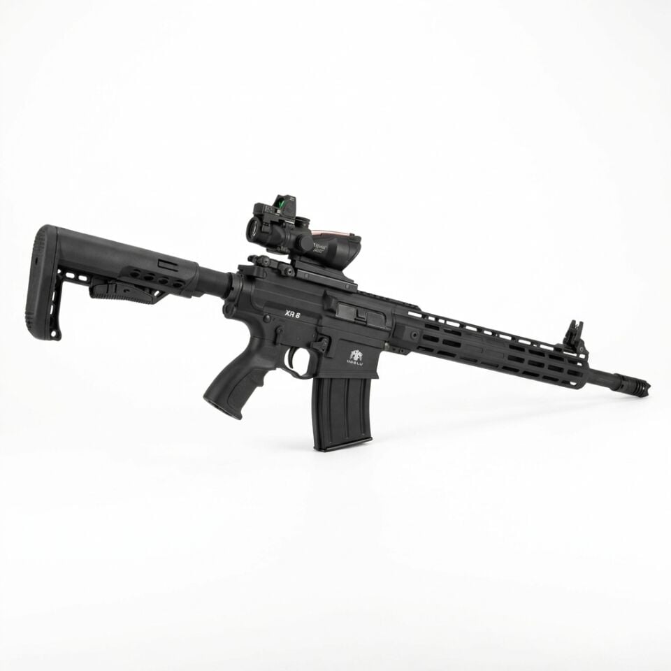 Huğlu XR8 Black Combo Set - gri zeminde ACOG 4x32 ve RMR takılı açılı görünüm