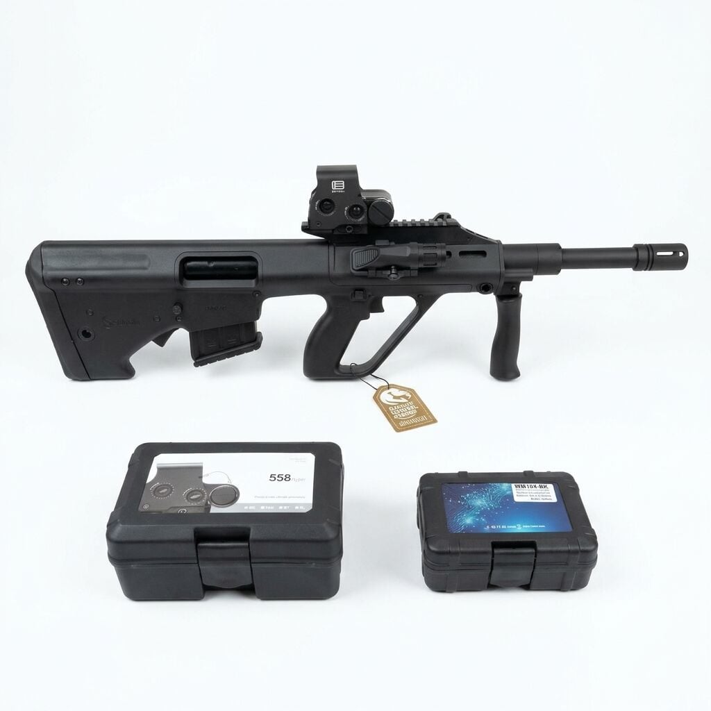 Serengeti AUG12 Siyah Combo Set - 558 red dot ve WML fener takılı yandan görünüm, önünde 558 ve WML kutuları