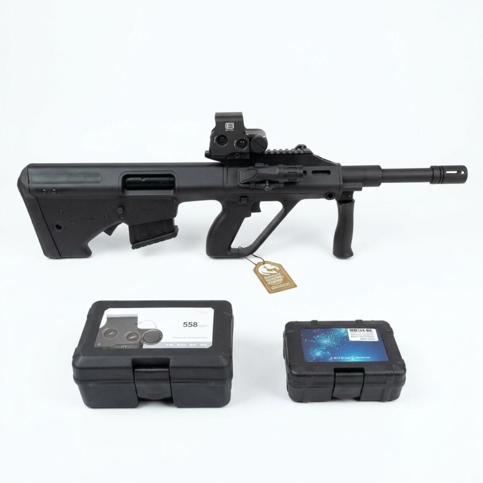 Serengeti AUG12 Siyah Combo Set - 558 red dot ve WML fener takılı yandan görünüm, önünde 558 ve WML kutuları