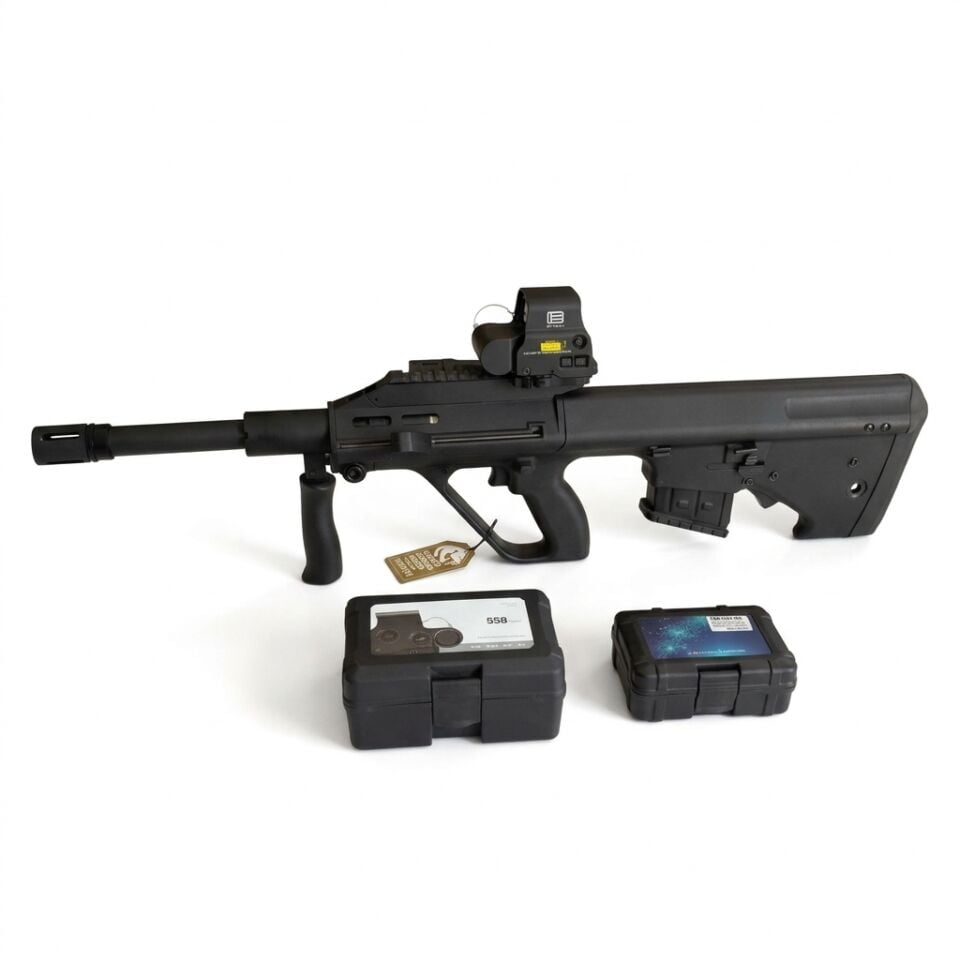 Serengeti AUG12 Siyah Combo Set - diğer yandan açılı görünüm, 558 red dot takılı, önünde 558 ve WML kutuları