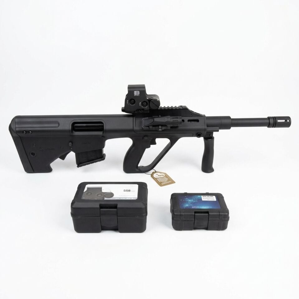 Serengeti AUG12 Siyah Combo Set - beyaz zeminde 558 red dot ve WML fener takılı yandan görünüm ve kutuları
