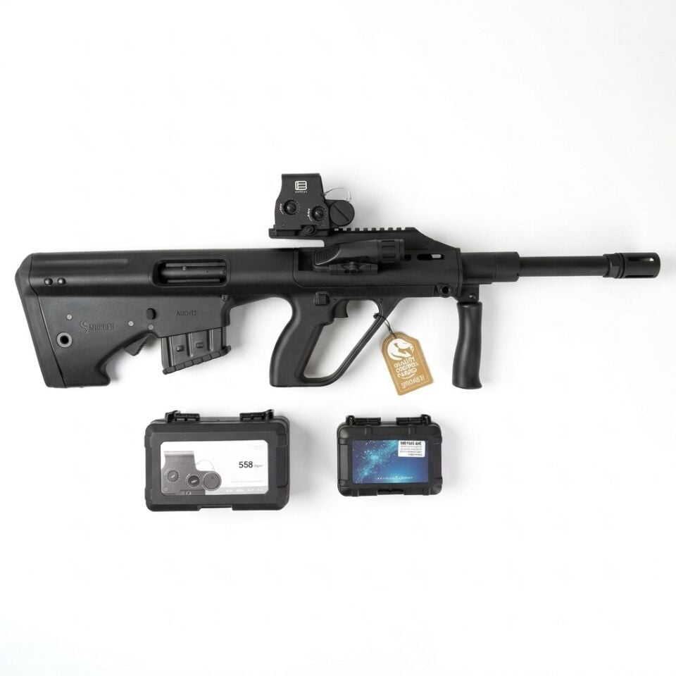 Serengeti AUG12 Siyah Combo Set - 558 red dot ve WML fener takılı üstten görünüm, altında 558 ve WML kutuları
