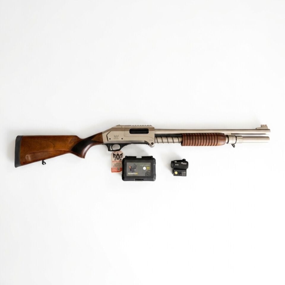 Axor Arms FP-F Marin Pompalı Combo Set - yandan görünüm, önünde Romeo5 red dot ve Romeo5 kutusu
