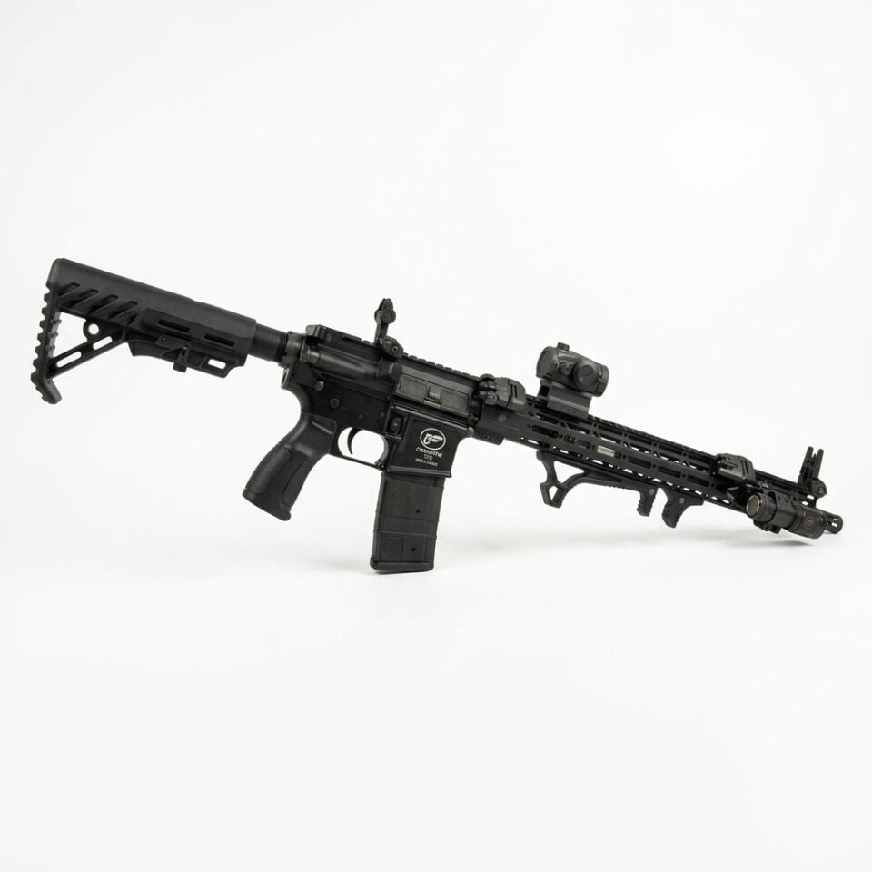 Aksa T-14 Siyah Modifiye Combo Set - yandan açılı görünüm, R5 red dot, handstoplar ve fener takılı