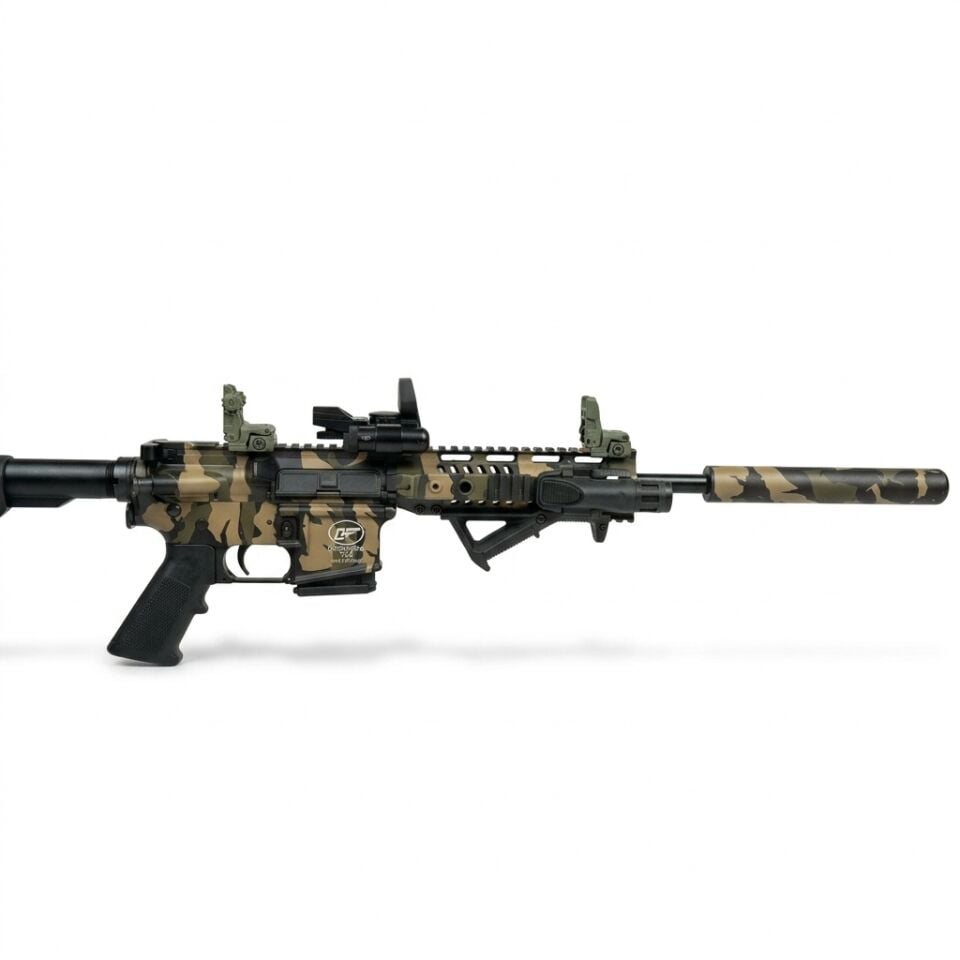 Aksa T-14 Kamuflaj Combo Set - yandan gövdeden namlu ucuna görünüm, WML fener ve açılı el tutamağı takılı