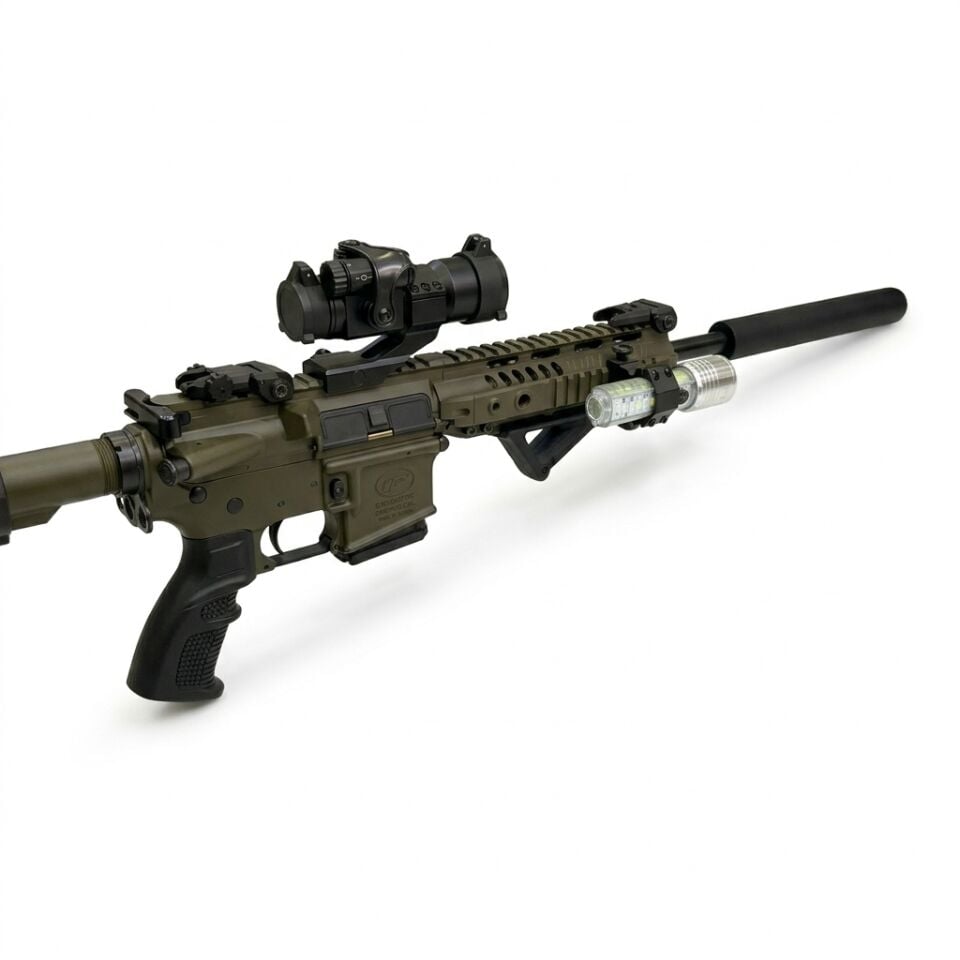 Aksa T-14 Haki Combo Set - yandan açılı görünüm, M2XB red dot, açılı el tutamağı ve fener takılı
