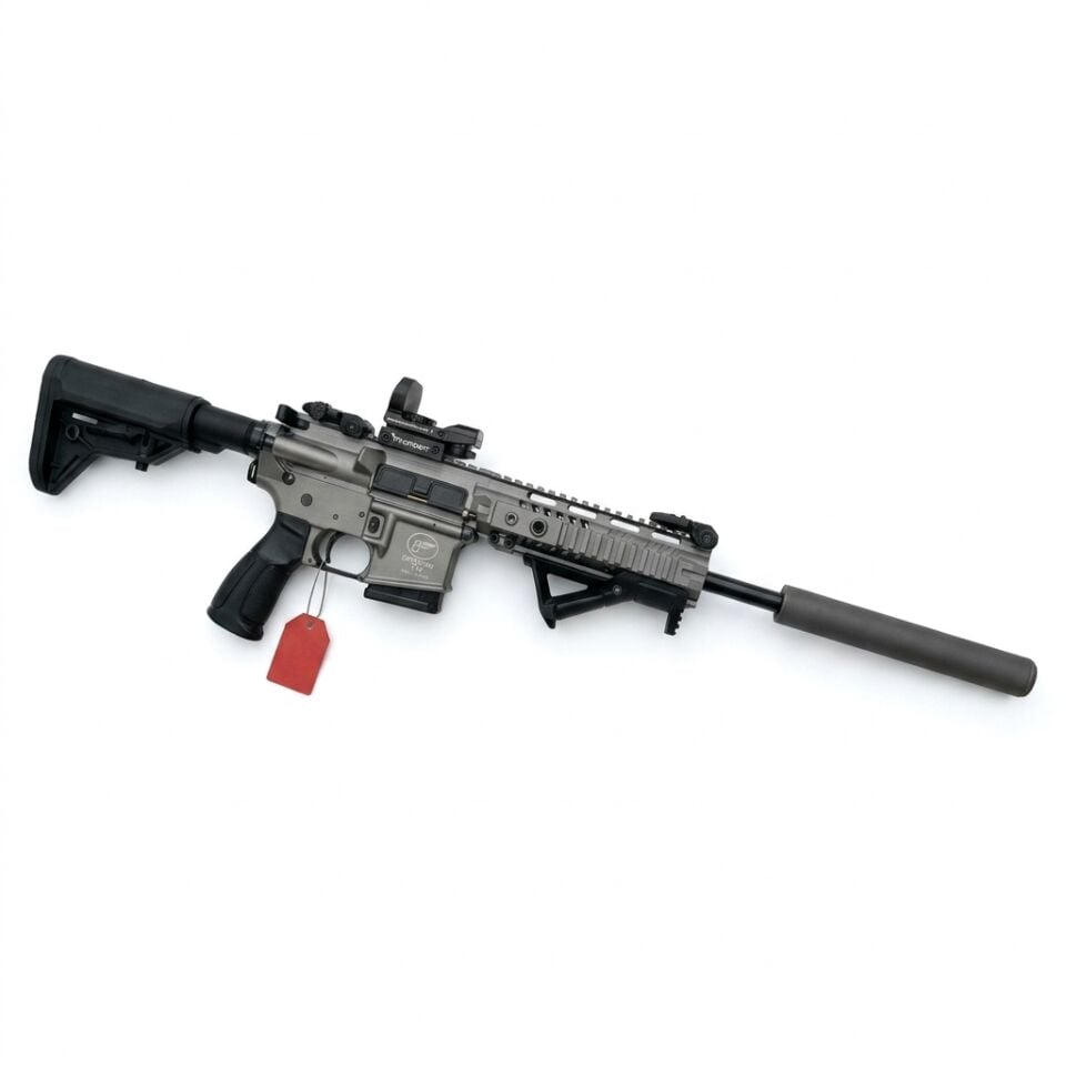 Aksa T-14 Tungsten Combo Set - yandan açılı görünüm, March red dot ve açılı el tutamağı takılı