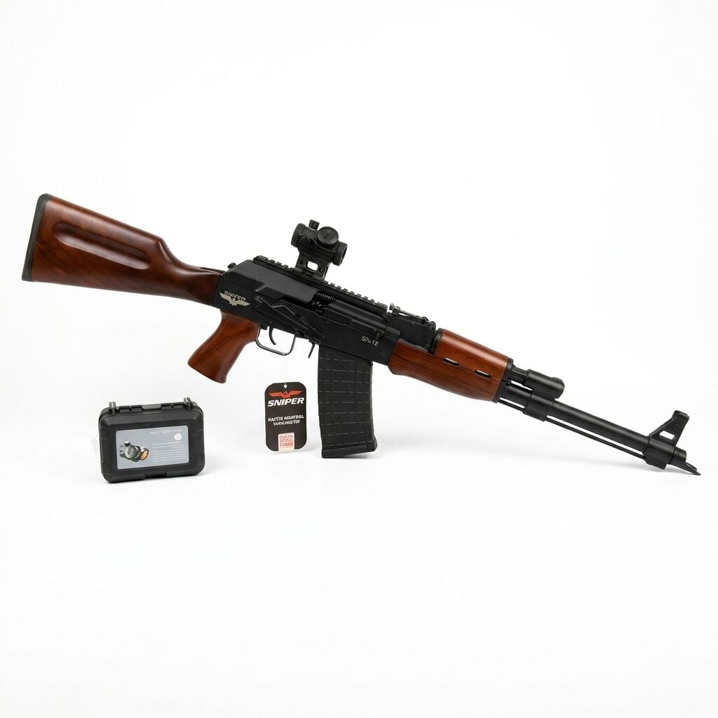 Sniper SN-12 Wood Black Combo Set - yandan açılı görünüm, 102T red dot takılı, asma etiketi ve 102T kutusu