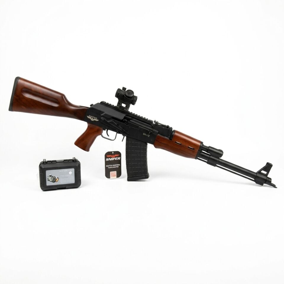 Sniper SN-12 Wood Black Combo Set - yandan açılı görünüm, 102T red dot takılı, asma etiketi ve 102T kutusu