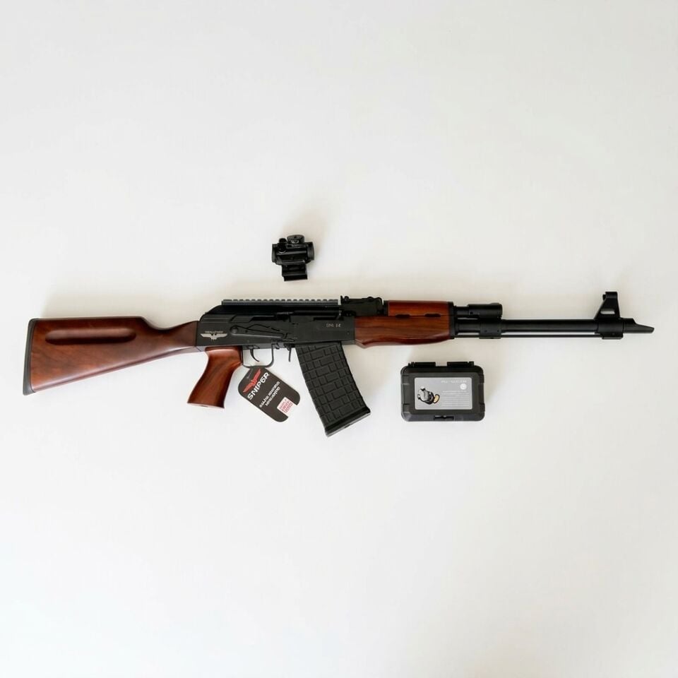 Sniper SN-12 Wood Black Combo Set - yandan görünüm, üstünde ayrı duran 102T red dot ve 102T kutusu