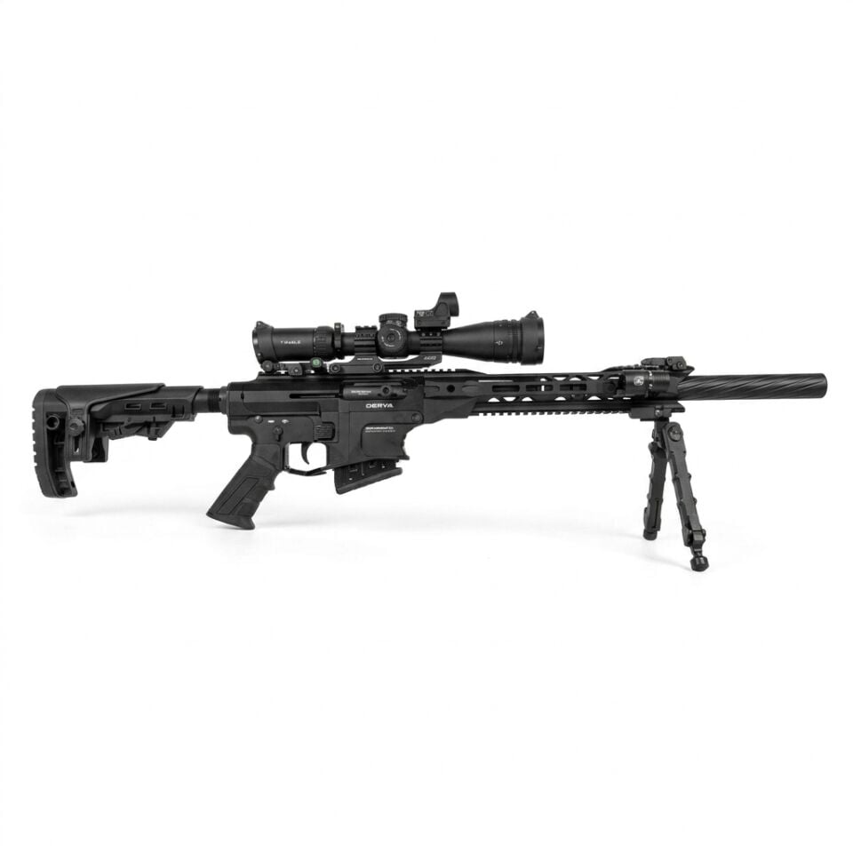 Derya MK-12 AS-101S Pro Combo Set - dürbün, red dot, fener-lazer modülü ve açık çatal ayak takılı yandan tam görünüm