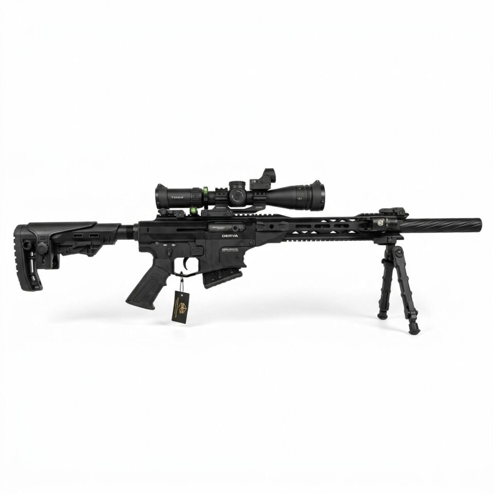 Derya MK-12 AS-101S Pro Combo Set - yandan tam görünüm, dürbün, su terazisi, red dot ve açık çatal ayak takılı