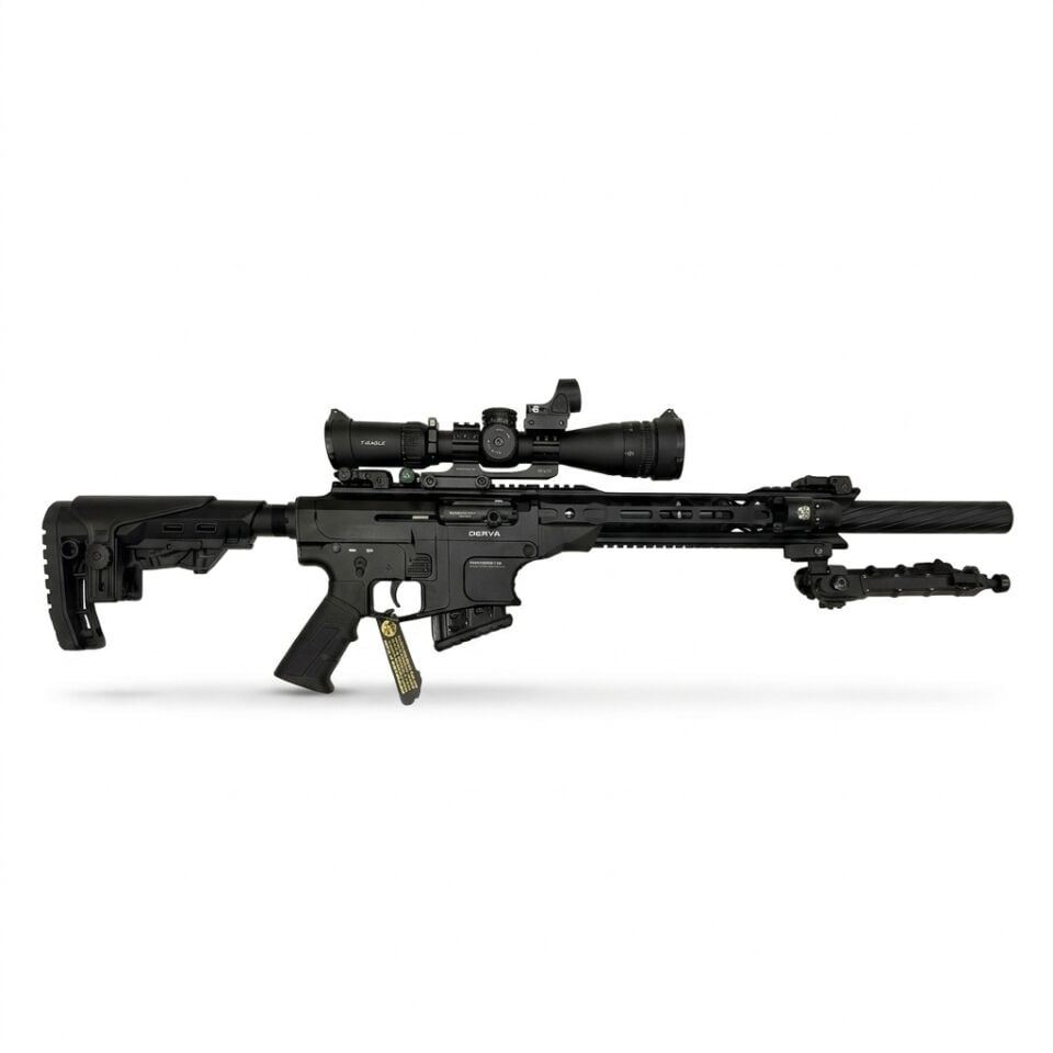 Derya MK-12 AS-101S Pro Combo Set - yandan tam görünüm, dürbün, red dot ve fener-lazer modülü takılı, çatal ayak katlı