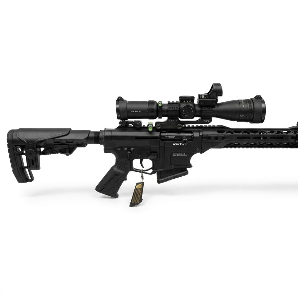 Derya MK-12 AS-101S Pro Combo Set - yandan dipçik, gövde, dürbün ve red dot yakın görünüm, su terazisi takılı