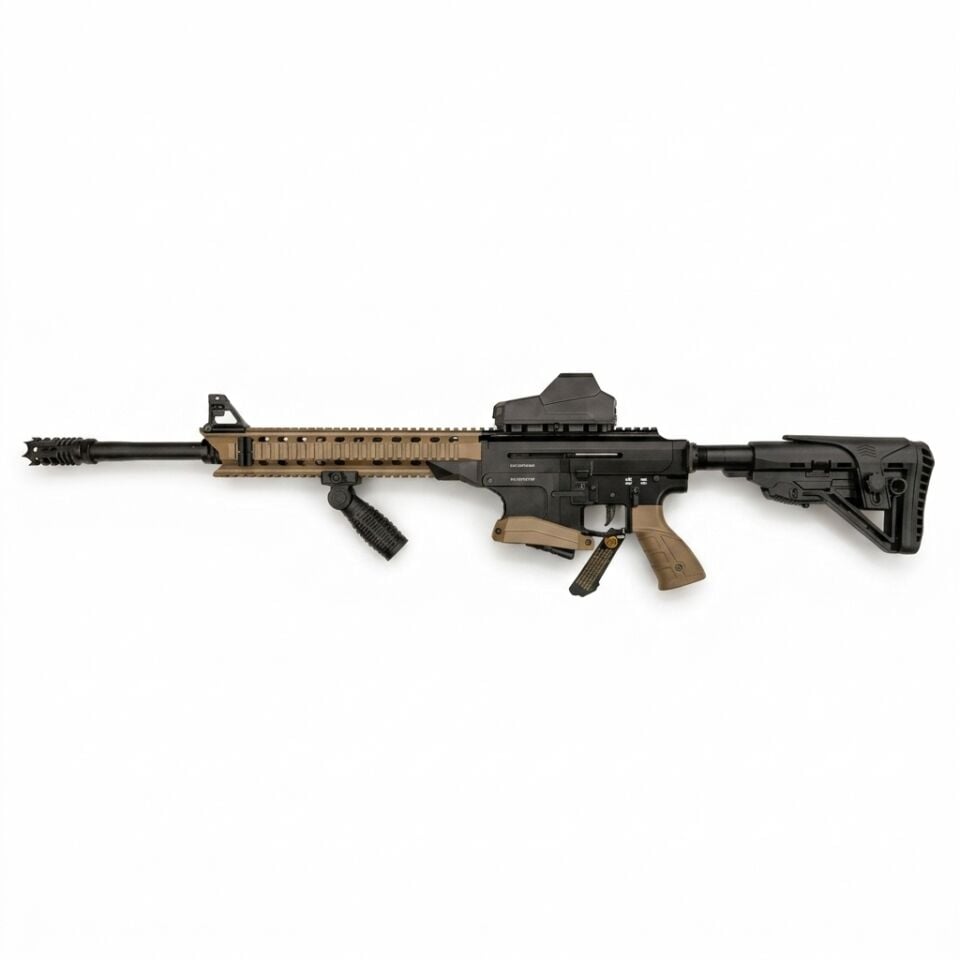 Derya MK-12 AS-110M Ultimate Combo Set - diğer yandan tam görünüm, MH1-BK red dot ve dikey tutamak takılı