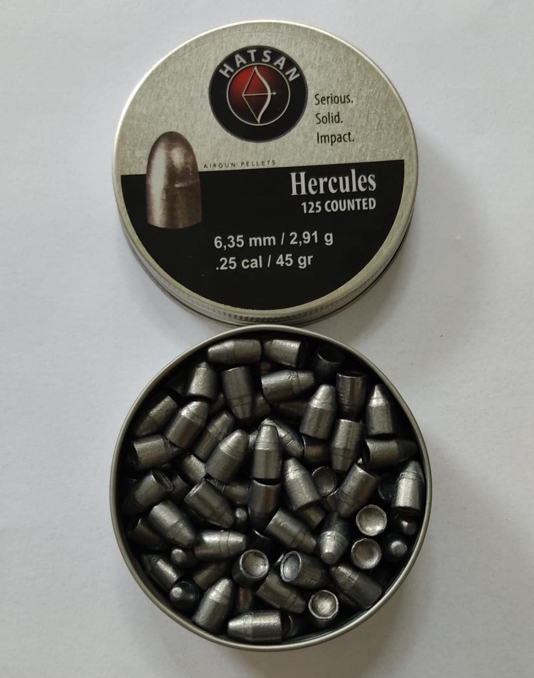 Hatsan Hercules 6,35 mm Havalı Saçma - açık kutu ve mermi biçimli saçmalar; kapakta 125 adet, 6,35 mm, 2,91 g / 45 grain baskısı
