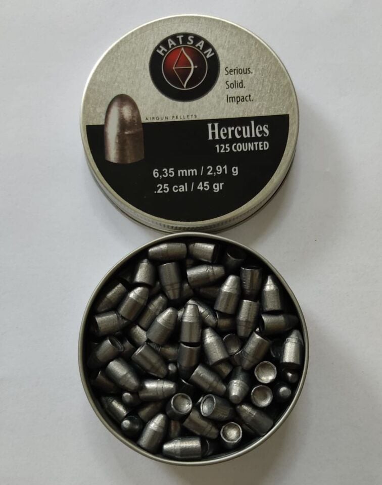 Hatsan Hercules 6,35 mm Havalı Saçma - açık kutu ve mermi biçimli saçmalar; kapakta 125 adet, 6,35 mm, 2,91 g / 45 grain baskısı