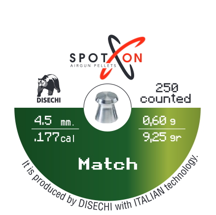 Spoton Match 4,5 mm Havalı Saçma - kutu etiketi; 250 adet, 4,5 mm, 0,60 g / 9,25 grain