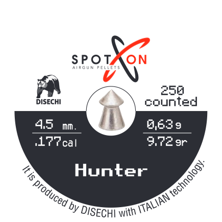 Spoton Hunter 4,5 mm Havalı Saçma - kutu etiketi; 250 adet, 4,5 mm, 0,63 g / 9,72 grain
