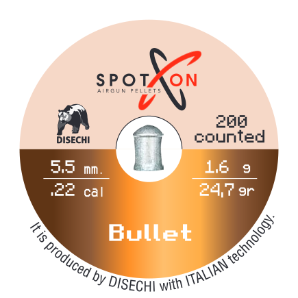 Spoton Bullet 5,5 mm Havalı Saçma - kutu etiketi; 200 adet, 5,5 mm, 1,6 g / 24,7 grain