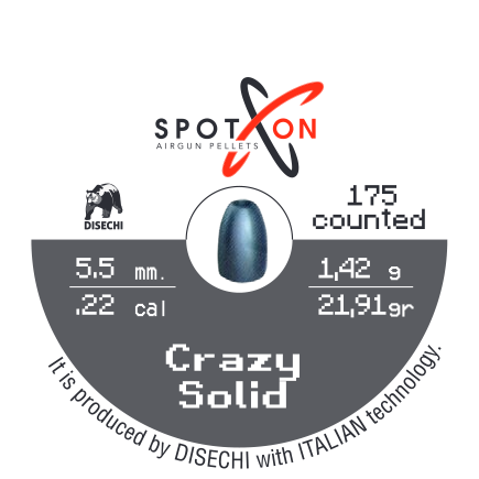 Spoton Crazy Solid 5,5 mm Havalı Saçma - kutu etiketi; 175 adet, 5,5 mm, 1,42 g / 21,91 grain
