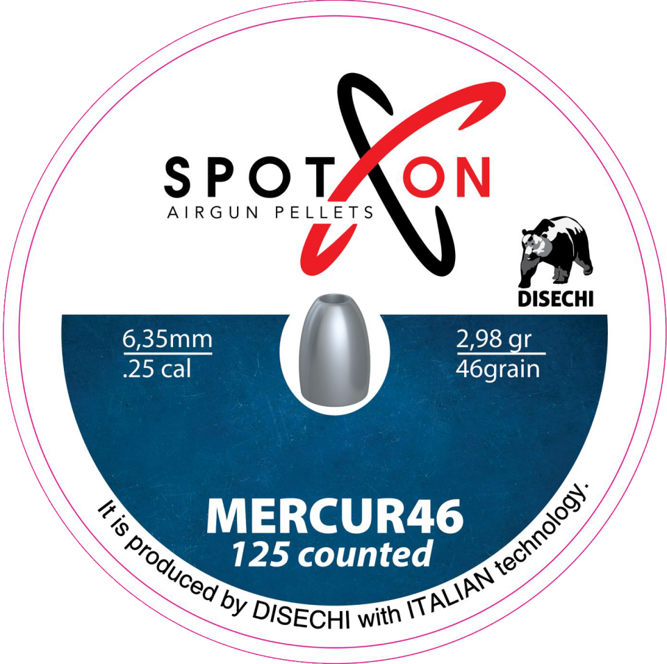 Spoton Mercur 46 6,35 mm Havalı Saçma - kutu etiketi; 125 adet, 6,35 mm, 2,98 g / 46 grain