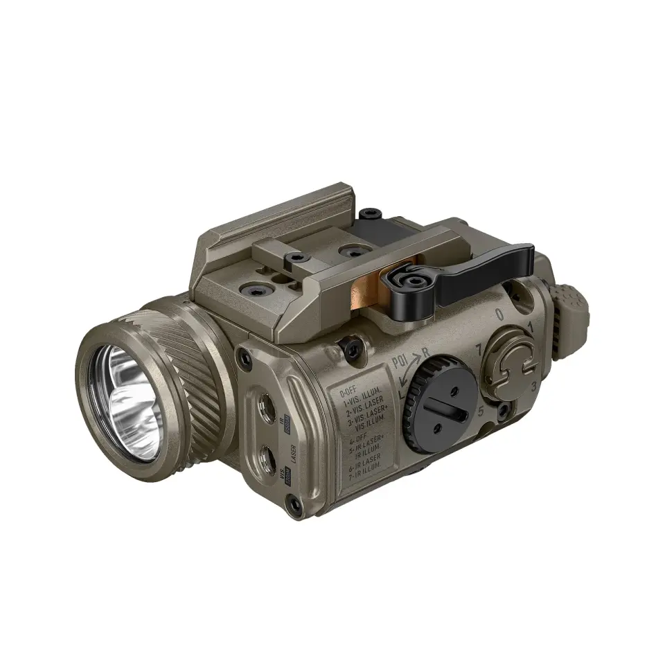 RovyVon GL4 Pro XL taktik lazer ve fener (çöl beji) - çapraz açıdan fener başı, lazer pencereleri ve 0-7 mod seçici