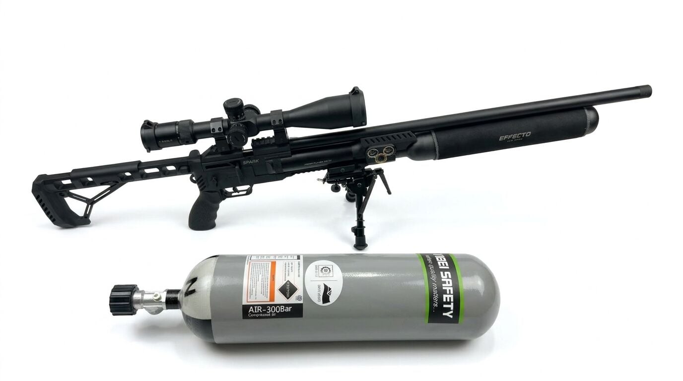Huğlu Effecto Spark CR 700 Combo Set - siyah PCP tüfek, ZS dürbün ve BTHBS-6 çatal ayak takılı yandan görünüm, önünde 6 litre scuba tüp