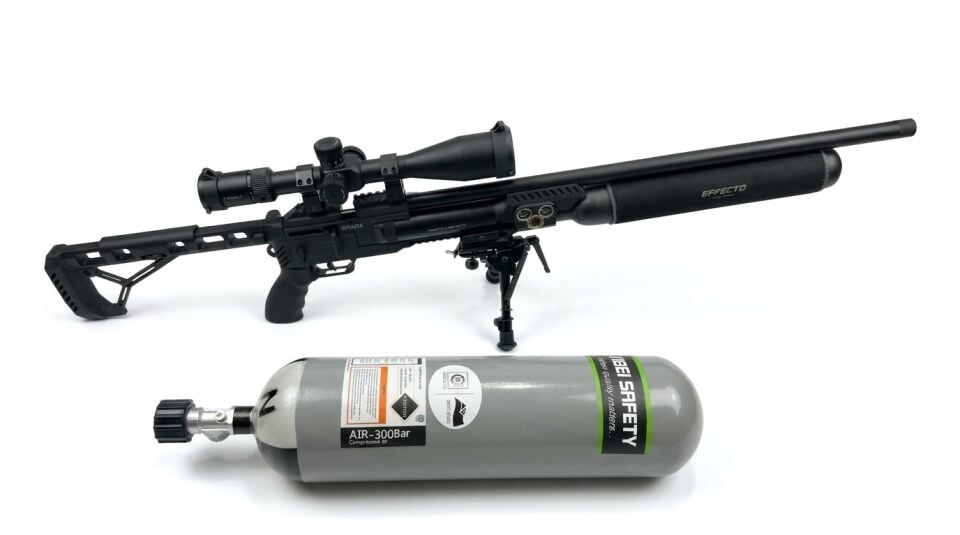 Huğlu Effecto Spark CR 700 Combo Set - siyah PCP tüfek, ZS dürbün ve BTHBS-6 çatal ayak takılı yandan görünüm, önünde 6 litre scuba tüp