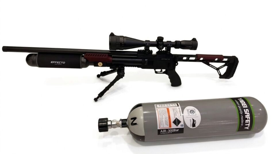 Huğlu Effecto Spark CR 500 Combo Set - kırmızı detaylı PCP tüfek, EOX dürbün ve V9 çatal ayak takılı diğer yandan görünüm, önünde 6 litre scuba tüp