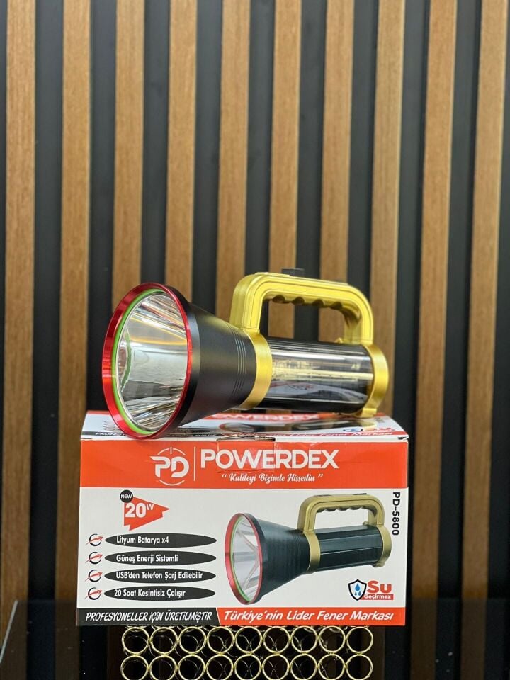 Powerdex PD-5800 Solar Şarjlı Profesyonel El Feneri 20W Powerbankli