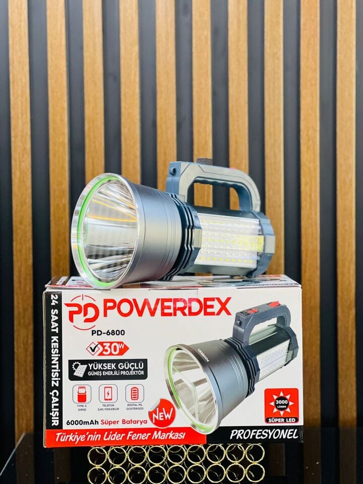 Powerdex PD-6800 Şarj Edilebilir Profesyonel El Feneri 30W 3000 Lümen Solar Powerbank COB